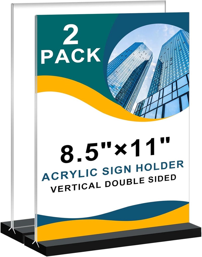 Arrobust Acrylic Sign Holder 8.5x11 Vertical,Clear Double-Sided Stand Plastic Picture Frames Paper Holder Menu Table Display Stand Flyer Document Holder TableTop Sign Holder for Home, Store Office,2Pack - Image 1